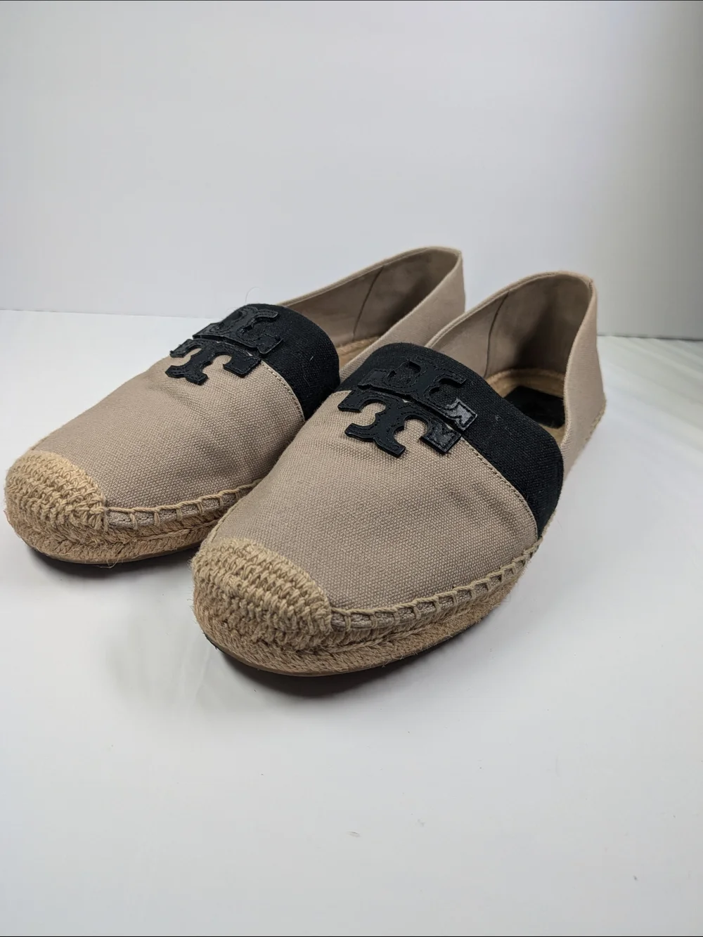 Tory Burch Women’s Beige Espadrille Slip-Ons with Black Trim